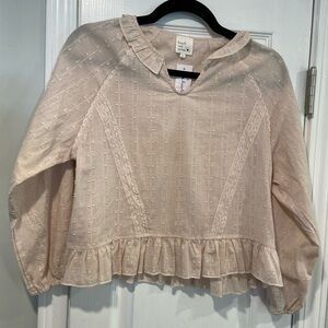 NWT Heart & Arrow Size L Cream Cotton Embroidered Ruffle Peasant Top Cropped